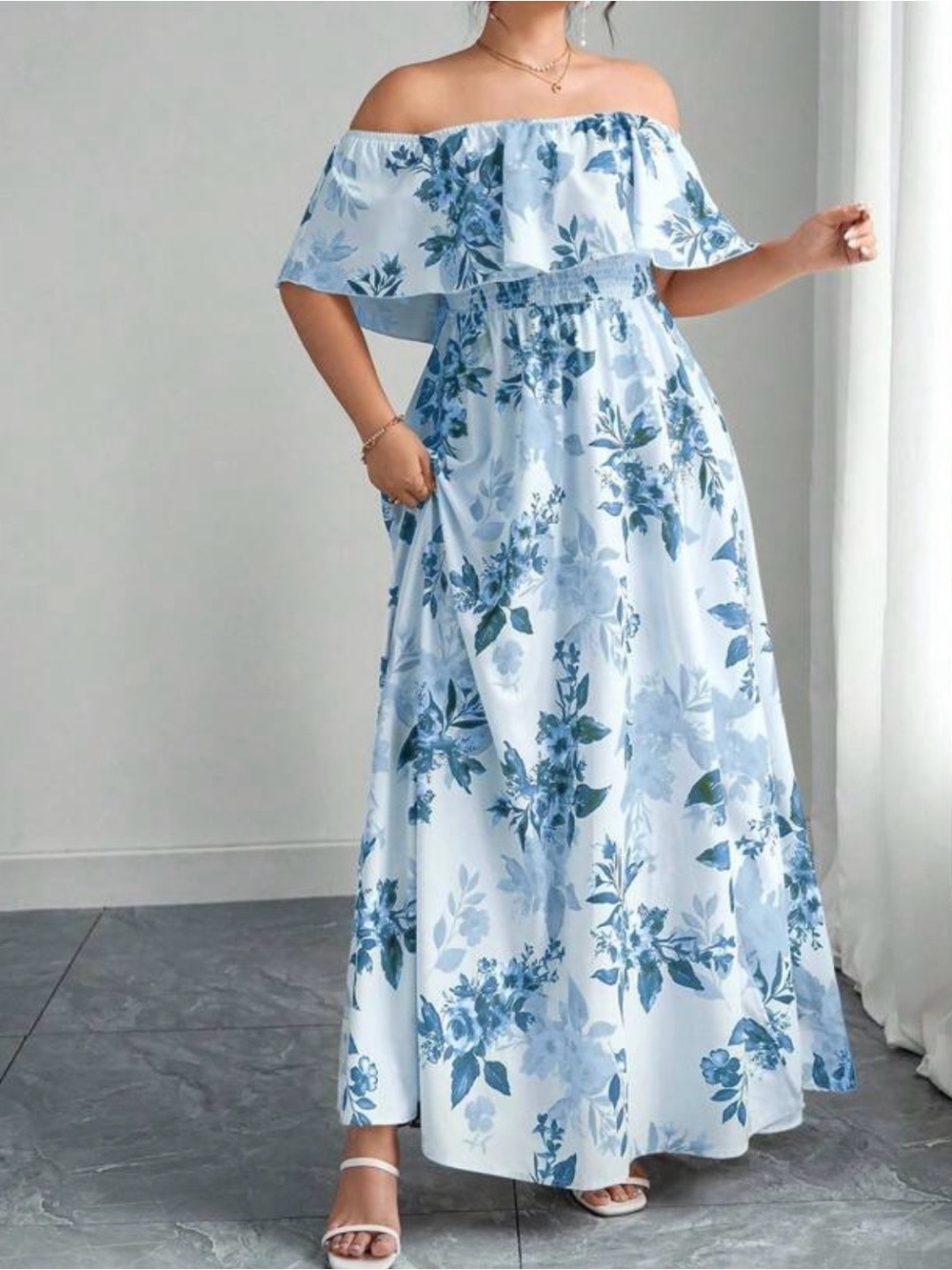 SHEIN Curve Women’s Off-Shoulder Blue Floral Maxi Dress